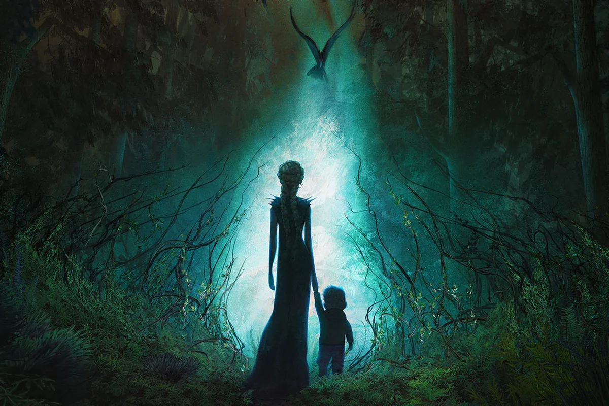 Prue McKeel et son petit frère devant une ouverture lumineuse dans une forêt fantastique, visuel officiel de Wildwood